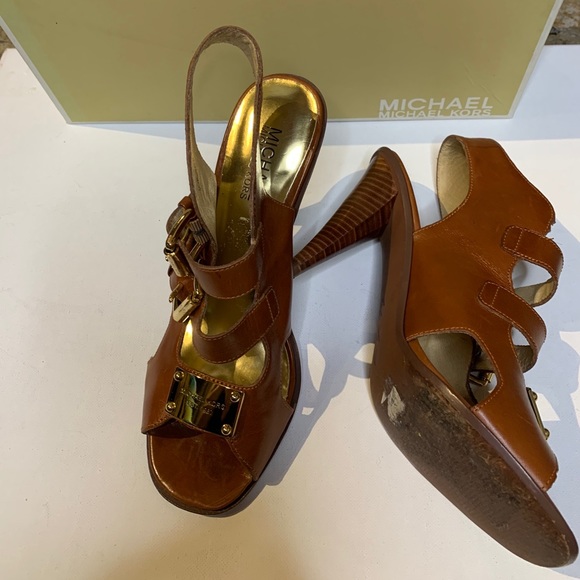 Michael Kors Brown Shoes Heel Buckle Open Toe - Picture 5 of 16